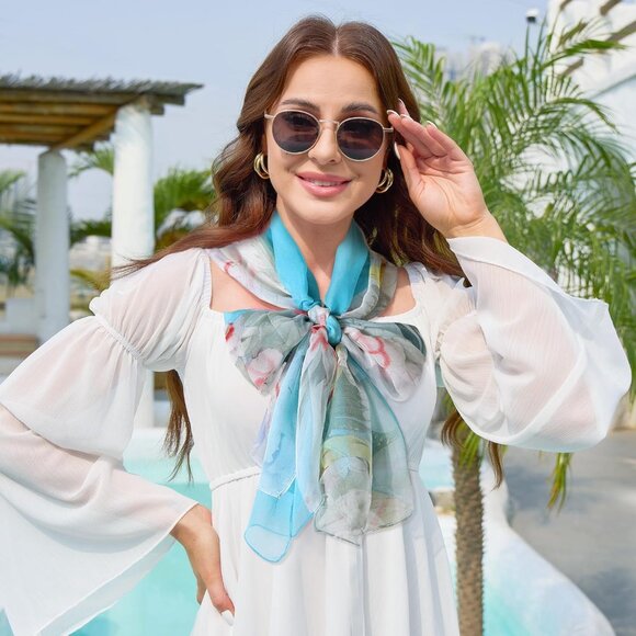 Women's Light Blue 1 Fashion Lightweight Head Scarf Floral Print Chiffon Scarves - Picture 3 of 6